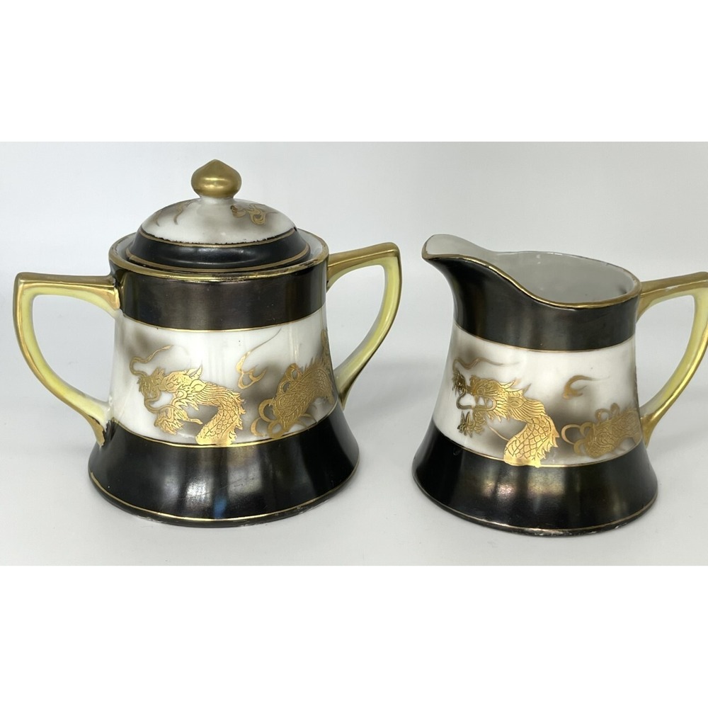 Antique Hand Painted Nippon Gold Dragon Creamer Lidded Sugar Bowl Blue‎ Stamp